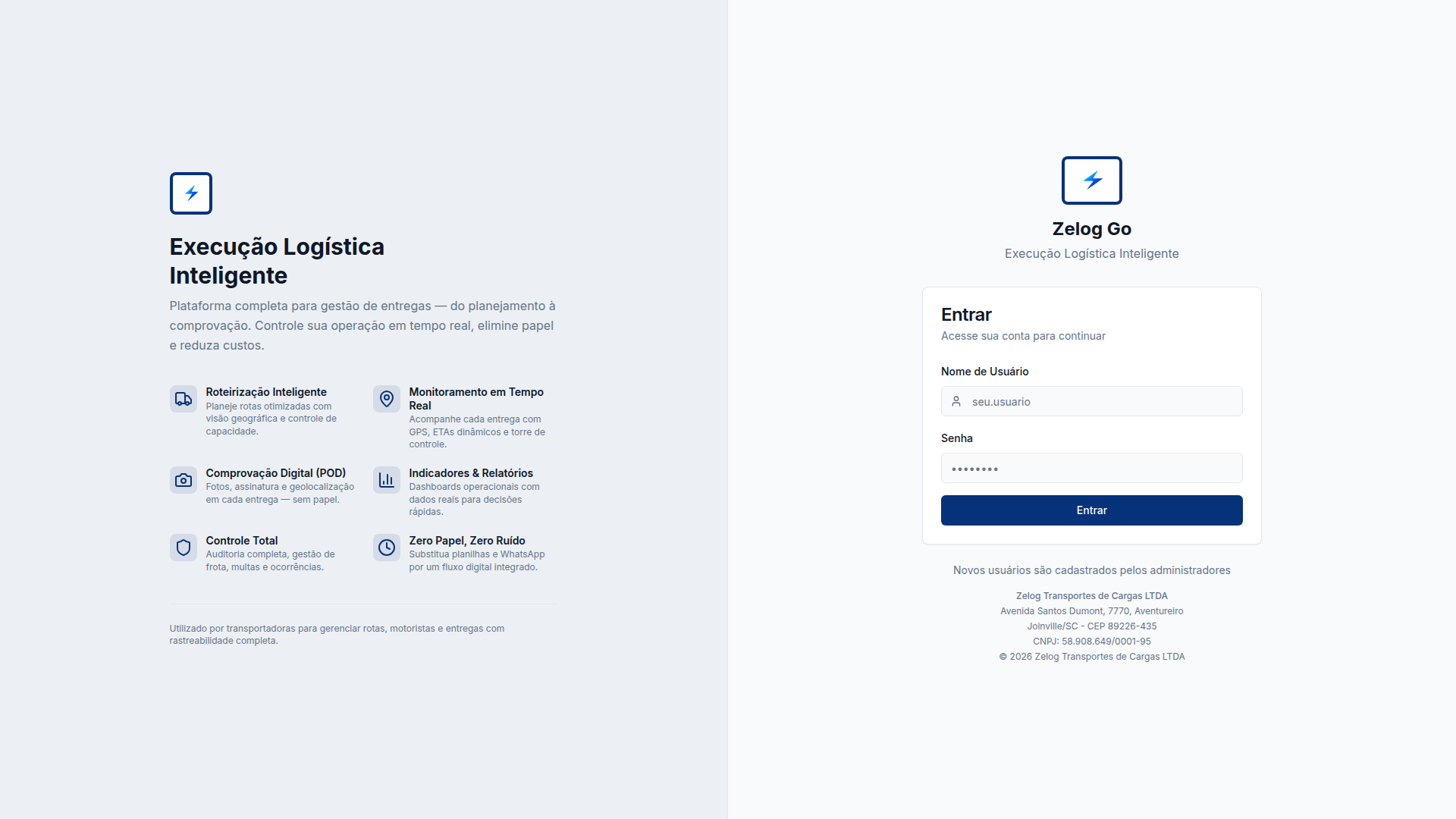 Tela de Login - Zelog Go